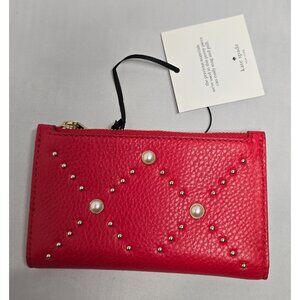 Kate Spade Red Leather Wallet Pearl  Stud Accents Zip Closure elegant bling chic